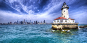 Chicago Lighthouse in the foreground wih th Chicago skyline in the background