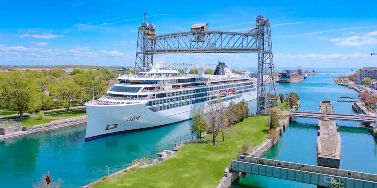 A Viking Cruises expedition ship sailing through the Soo Locks