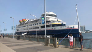The Ocean Voyager shown docked in Detroit, plies the Great Lakes between Toronto and Chicago