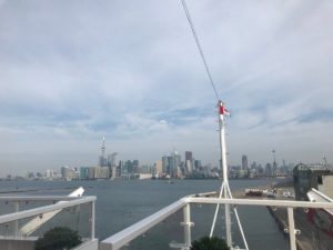 The skyline of Toronto in front of the ship